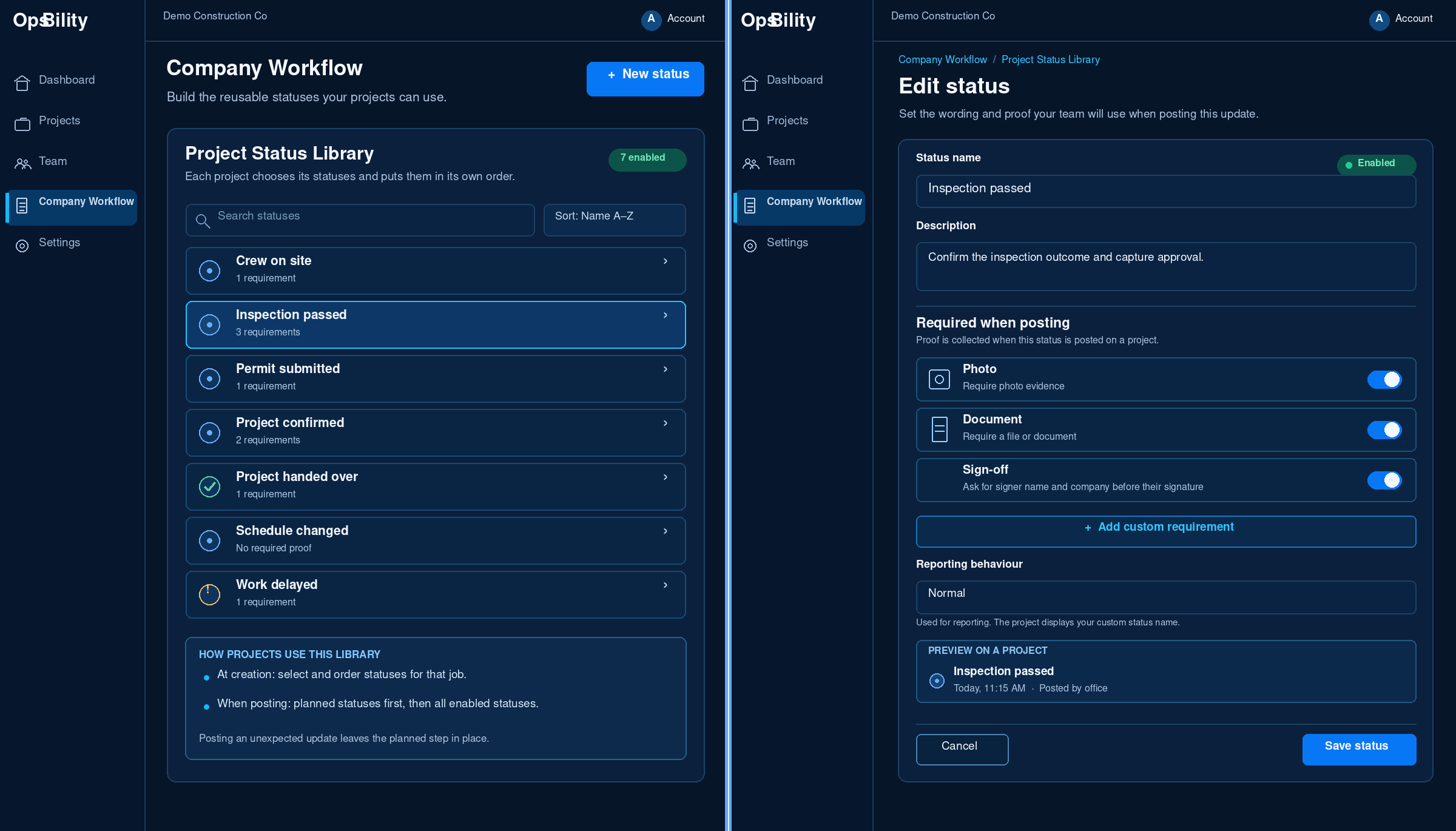 Concept preview of the planned OpsBility Company Workflow status library and proof editor